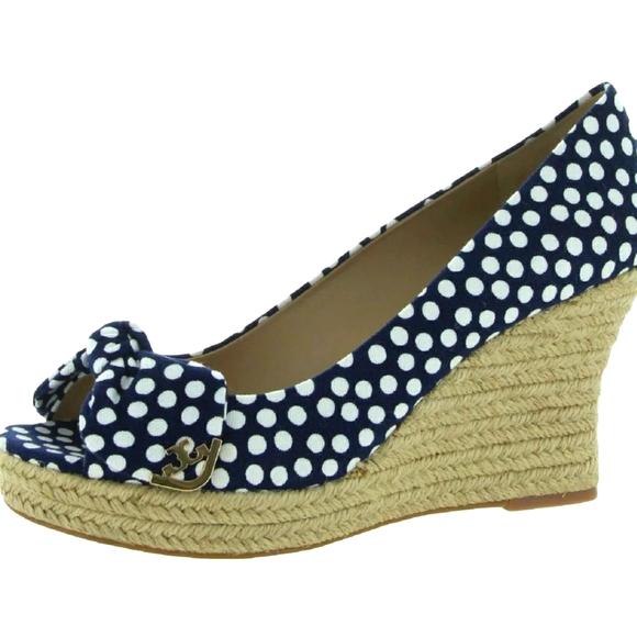 NWoT POLKA DOT Tory Burch White Polka Dot NAVY Wedge Heels Sandals Sz 7 -Last 1 - Picture 11 of 16